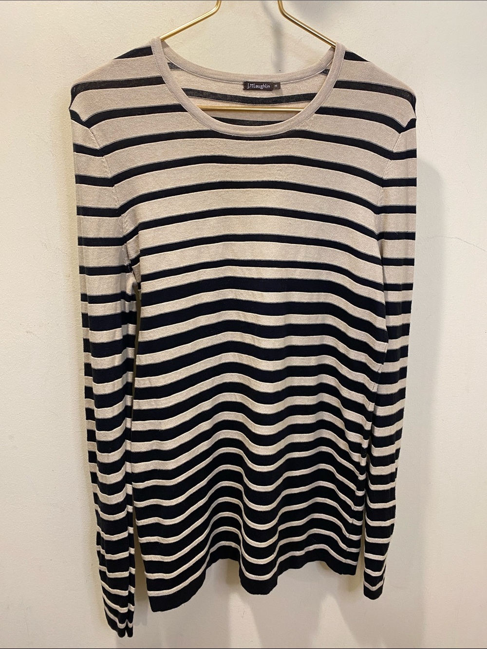 J. McLaughlin Black & Cream Striped Crewneck Sweater Sz M